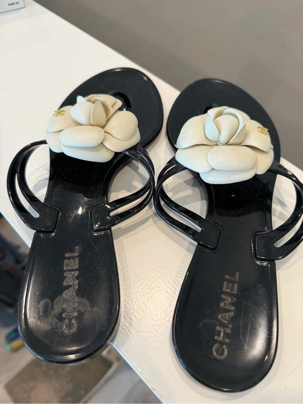 Chanel Black Jelly Camellia Thong Sandals